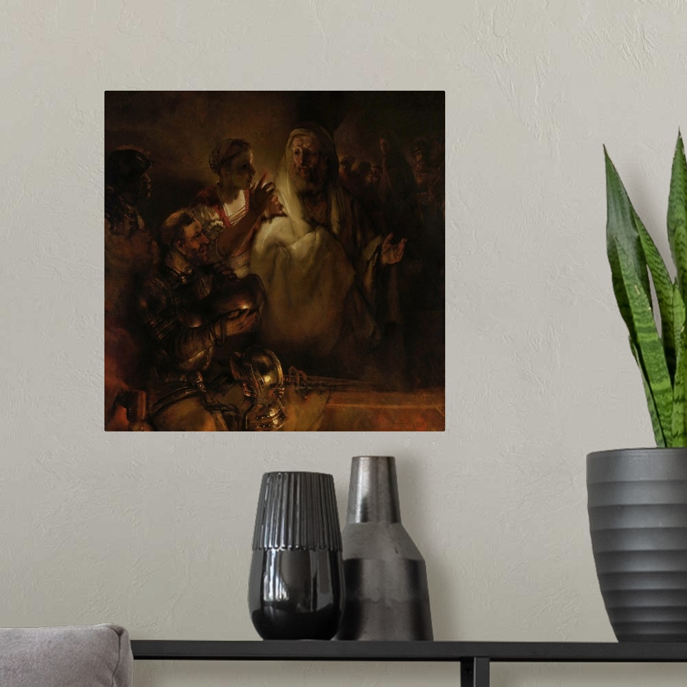 A modern room featuring The Denial of St. Peter, by Rembrandt van Rijn, 1660, Dutch painting, oil on canvas. Countering t...
