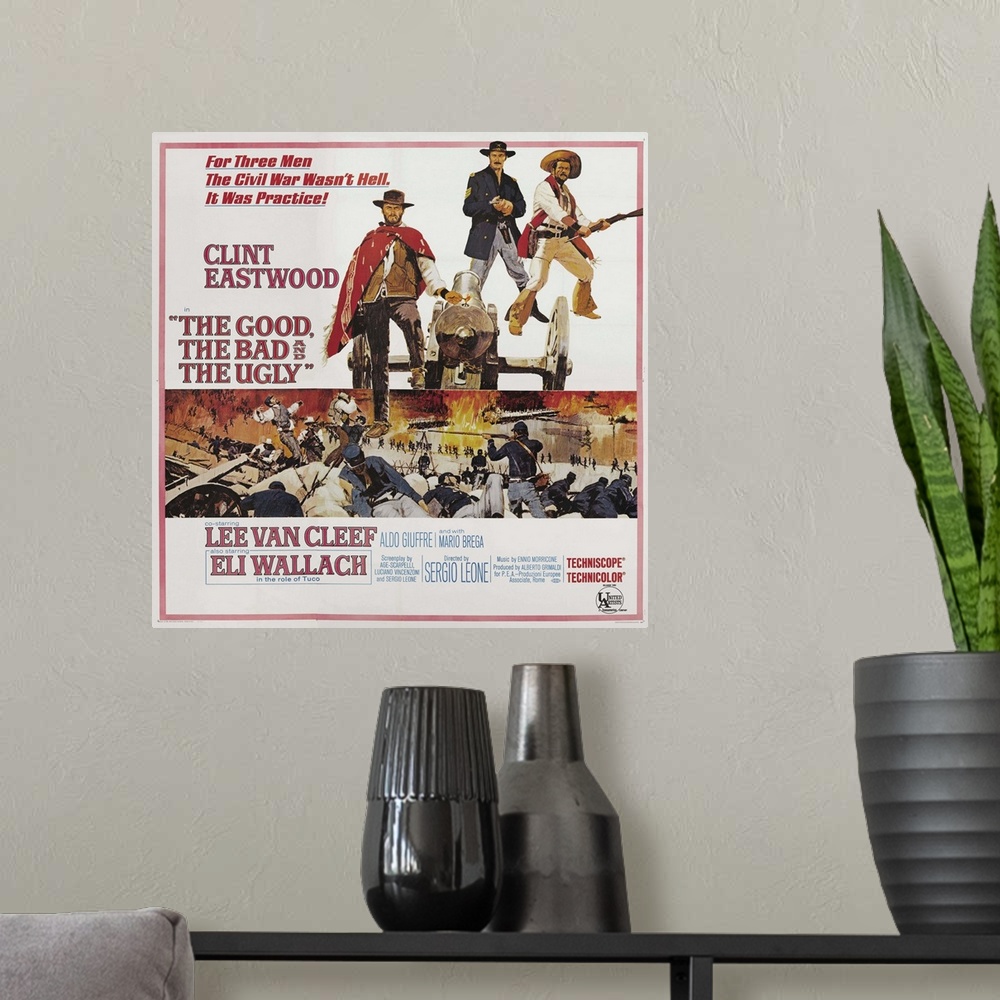 A modern room featuring The Good, The Bad, And The Ugly, L-R: Clint Eastwood, Lee Van Cleef, Eli Wallach On Poster Art, 1...
