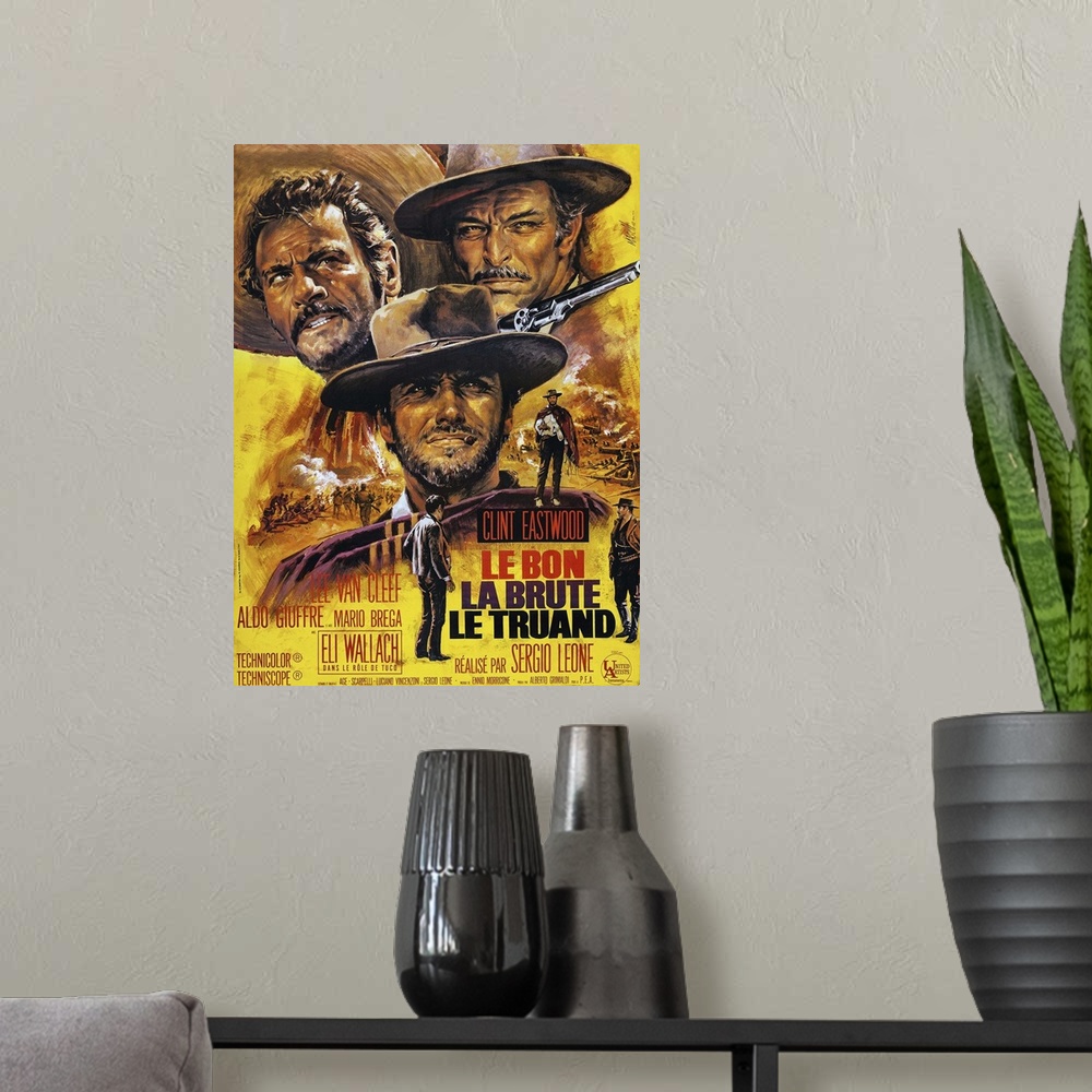 A modern room featuring Retro poster artwork for the film The Good The Bad The Ugly.
