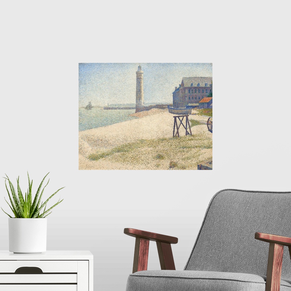 A modern room featuring The Lighthouse at Honfleur, by Georges Seurat, 1886, French Post-Impressionist painting, oil on c...