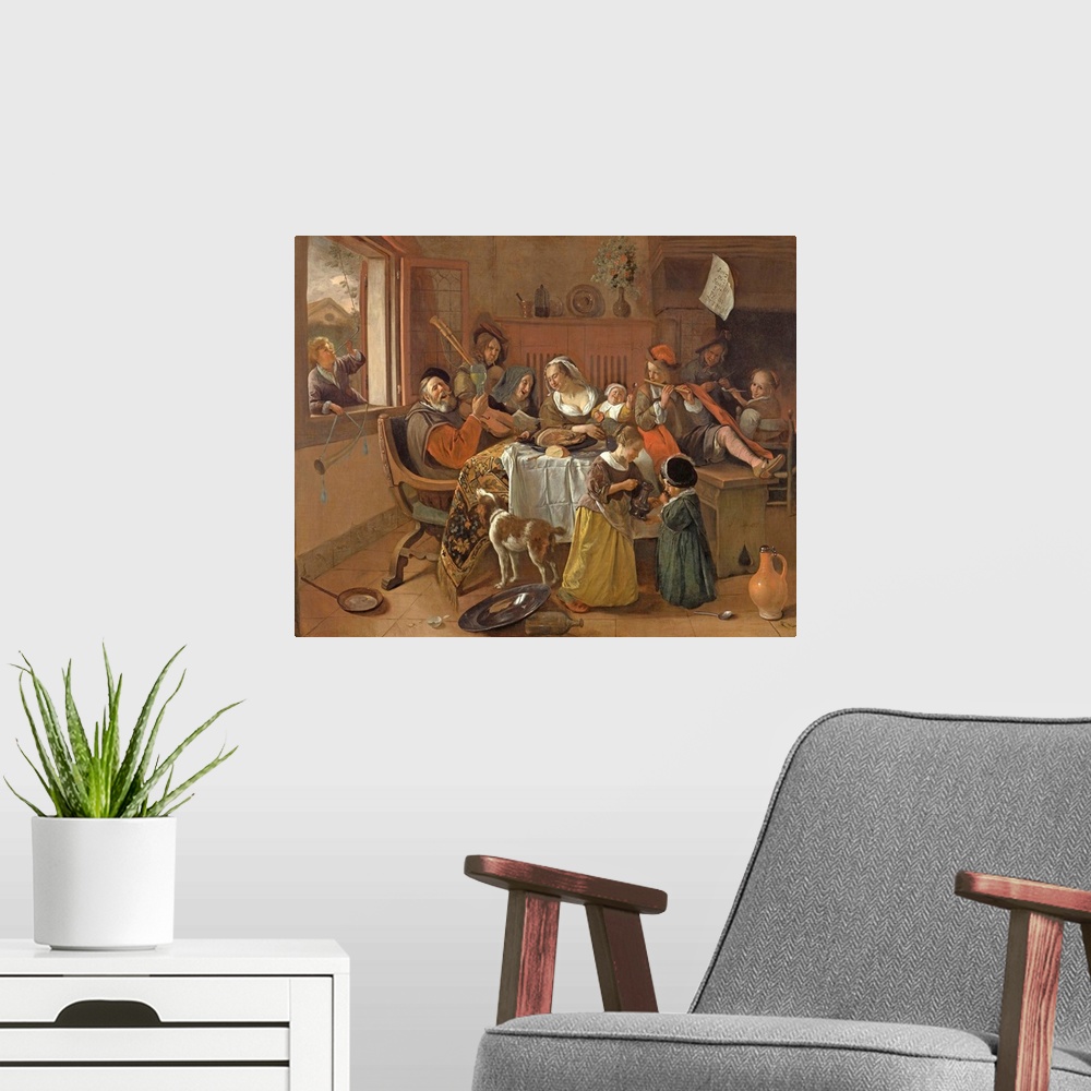 A modern room featuring The Merry Family, by Jan Steen, 1668, Dutch painting, oil on canvas. The father sings while raisi...