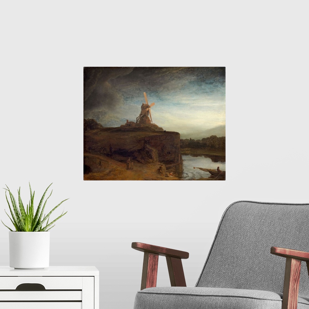 A modern room featuring The Mill, by Rembrandt van Rijn, c. 1645-48, Dutch painting, oil on canvas. The bright sails of t...