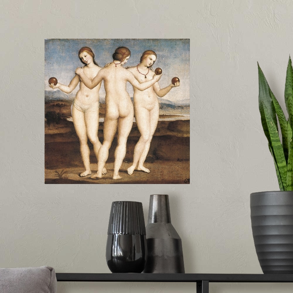 A modern room featuring Raphael (1483-1520). The Three Graces. 1504-1505. It depicts the Charites, aka the Three Graces: ...