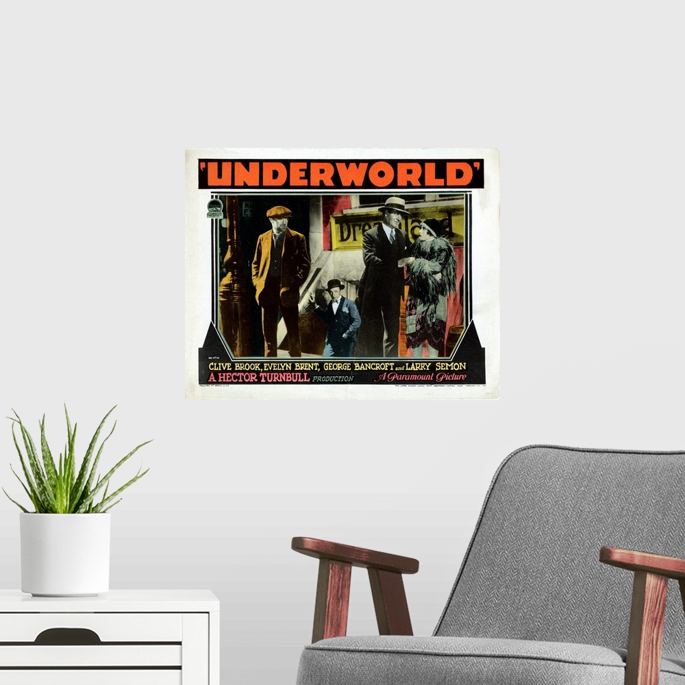 A modern room featuring Underworld, US Lobbycard, Clive Brook, Larry Semon, George Bancroft, Evelyn Brent, 1927.
