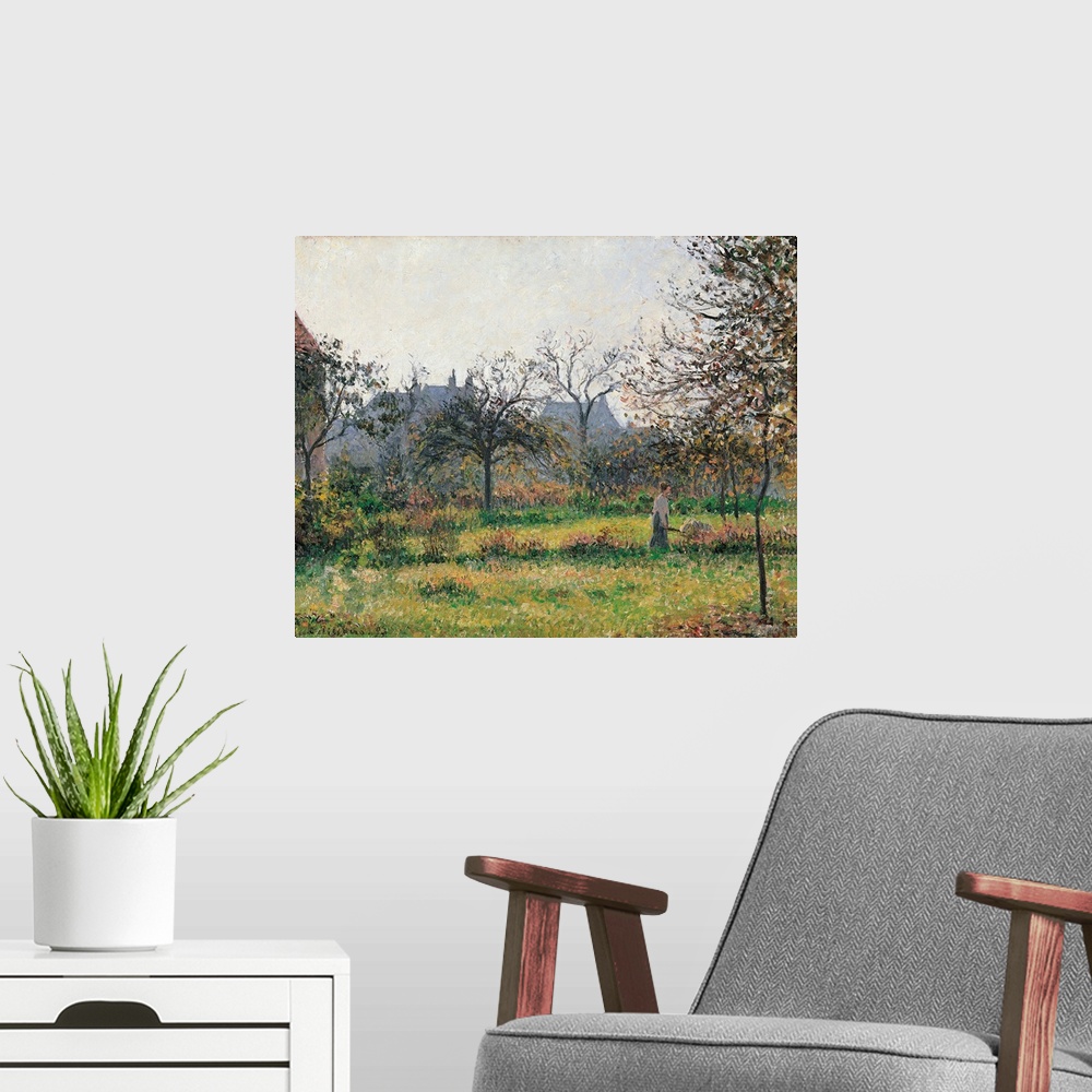 A modern room featuring Woman in an Orchard, Autumn Morning, Garden at Eragny, by Camille Pissarro, 1897 about, 19th Cent...