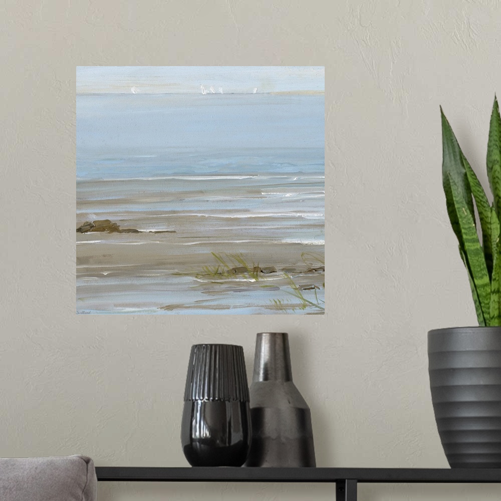 A modern room featuring Contemporary square painting of an ocean scene with sailboats in the distance and the tide coming...