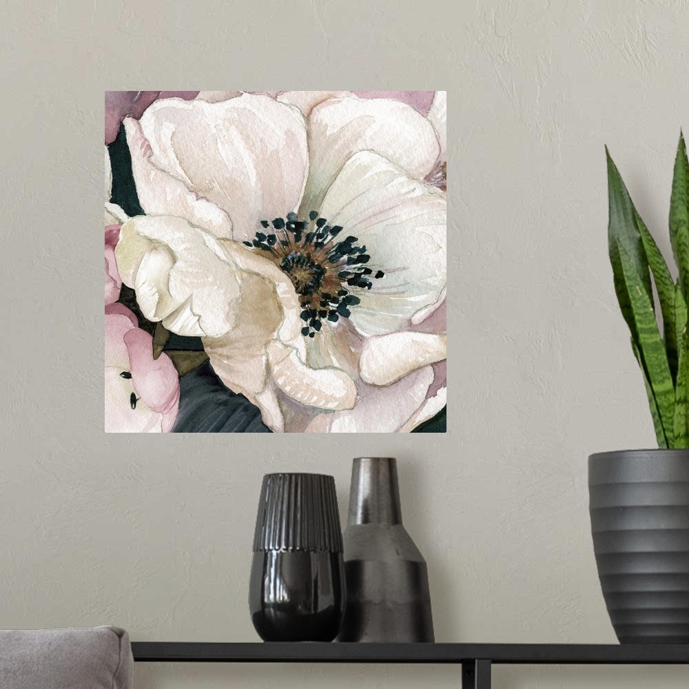 A modern room featuring Close-up painting of a white anemone with pink petals surrounding it, on a square background.