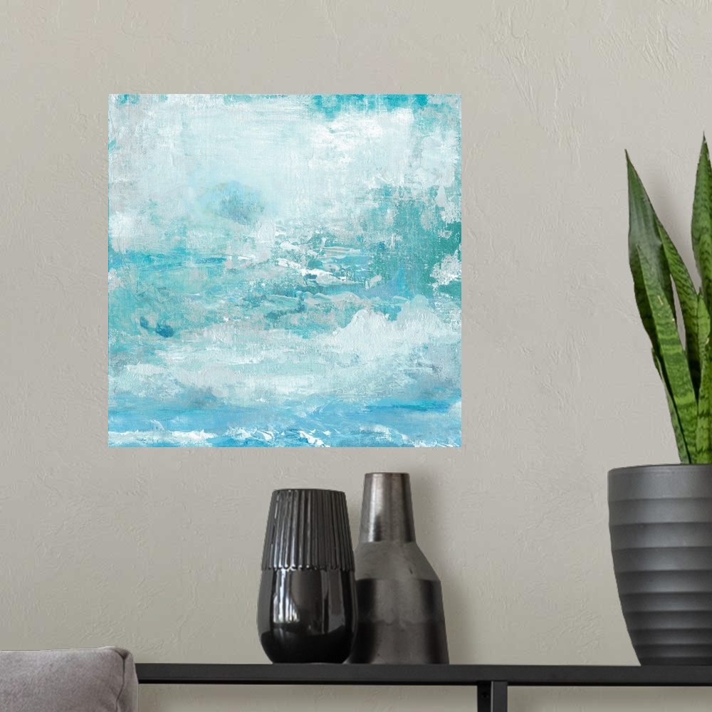 A modern room featuring Contemporary abstract painting of a serene blue sky with clouds.