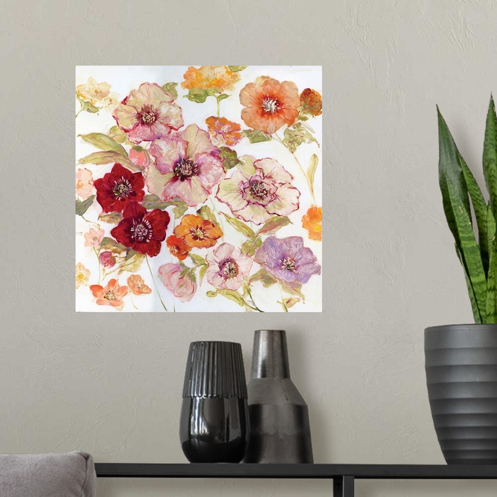 A modern room featuring Contemporary square painting of warm toned flowers on a solid white background.