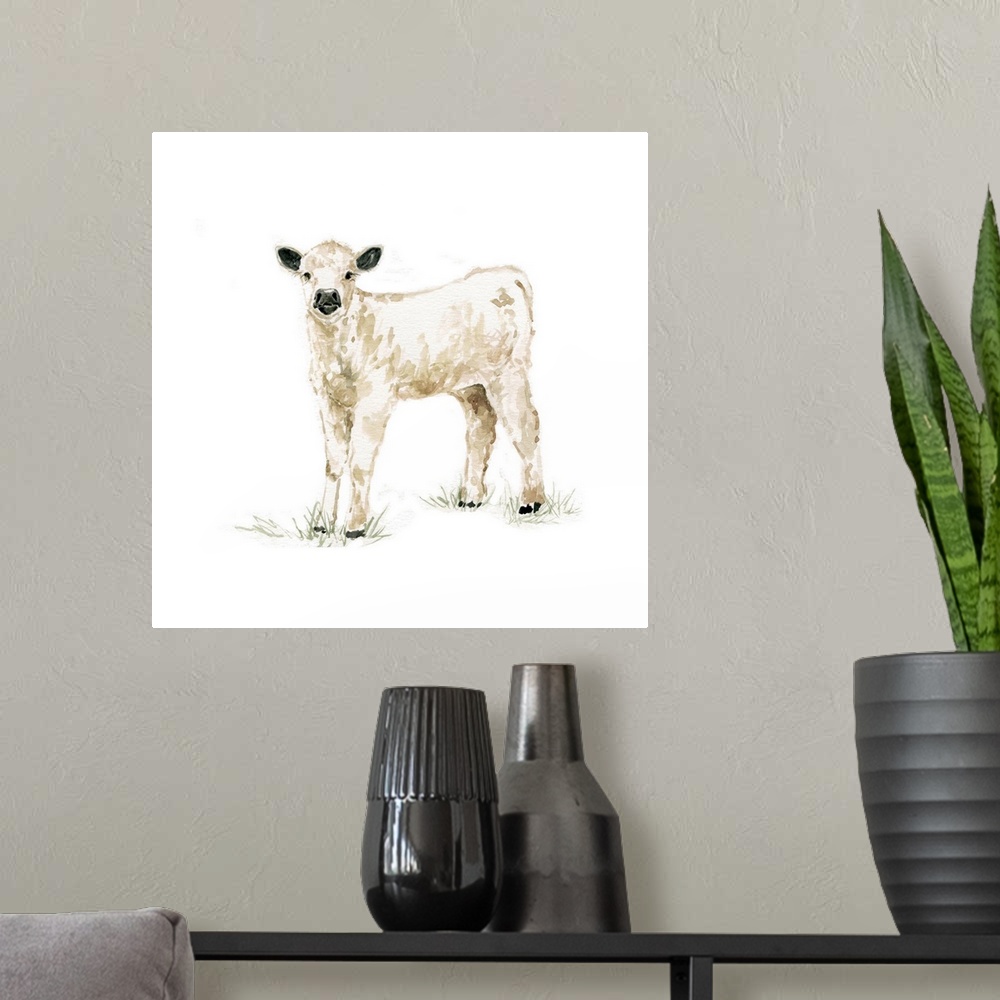 A modern room featuring Cute illustration of a small white calf.