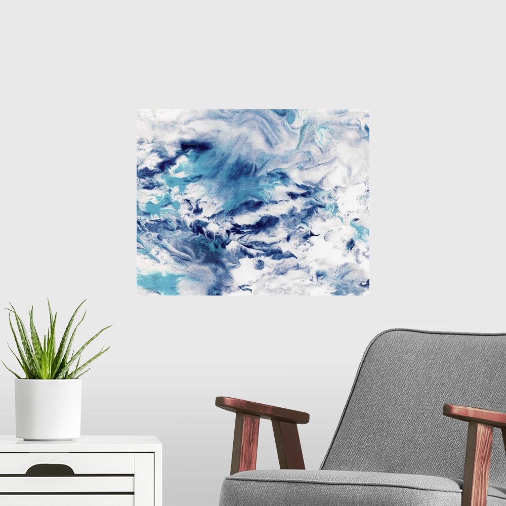 A modern room featuring Contemporary abstract painting in wavy blue and white, resembling ocean water.