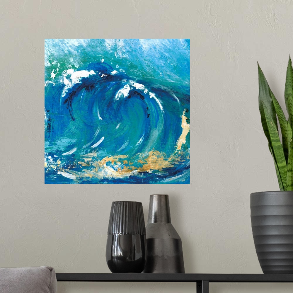 A modern room featuring Square painting of a big wave with metallic gold.