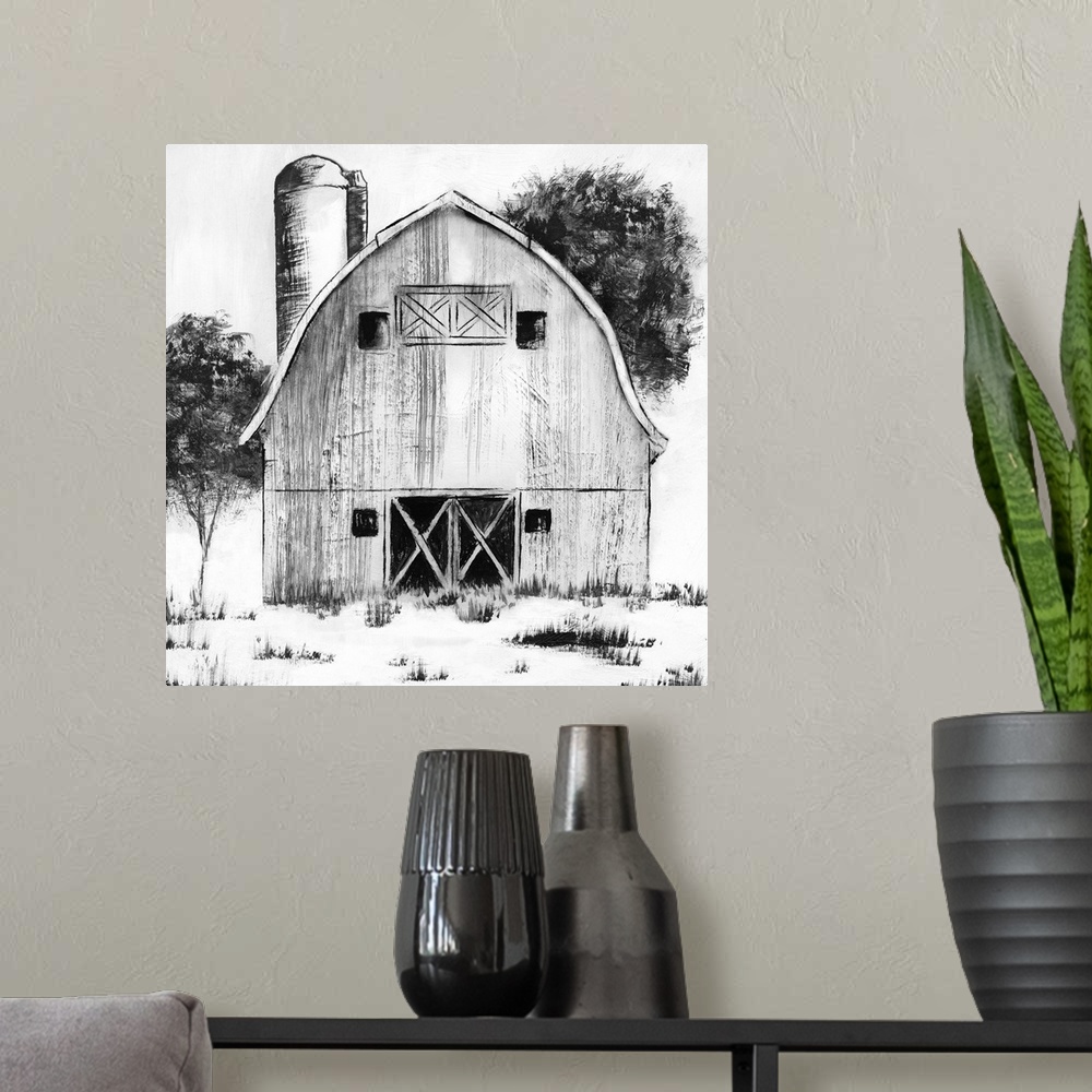 A modern room featuring Black and White Barn I