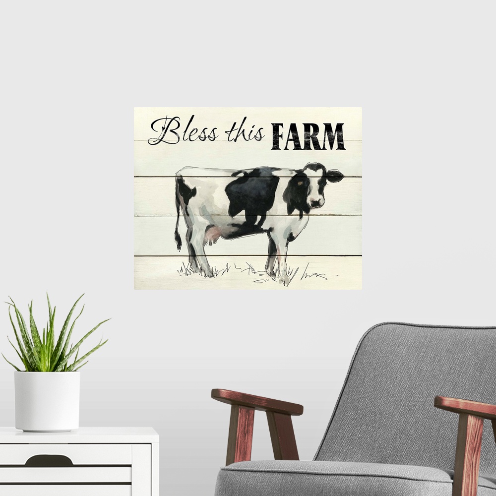 A modern room featuring "Bless This Farm" written on the top of a faux wood background with a painting of a cow at the bo...