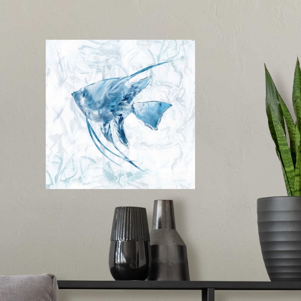 A modern room featuring Square beach themed painting of a blue fish with a marbled finish and background.