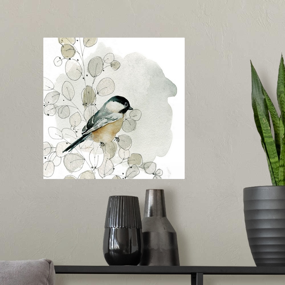 A modern room featuring A beautiful little watercolor painting of a small garden bird perched in a branch of silver dolla...