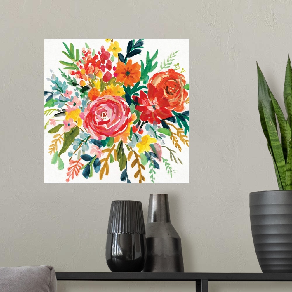 A modern room featuring Square watercolor painting of a colorfully arranged bouquet of flowers.