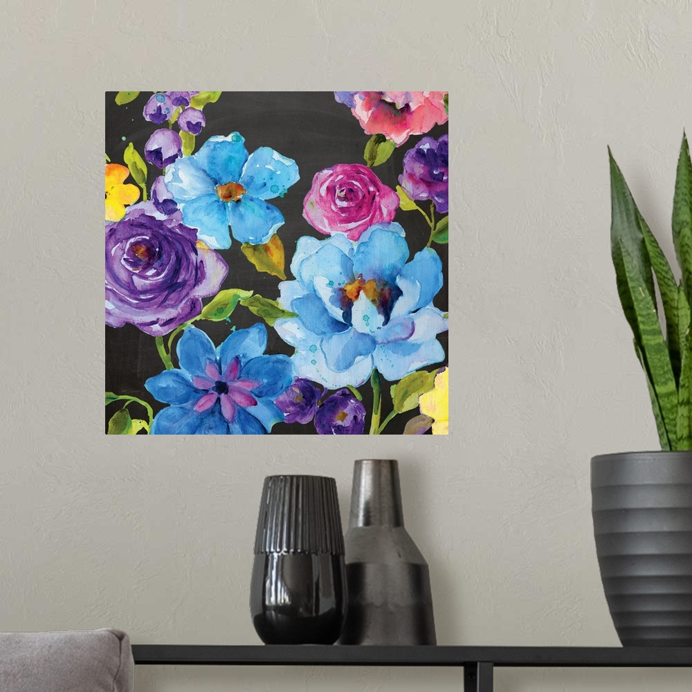 A modern room featuring An assortment of watercolor flowers rest on a chalkboard background.