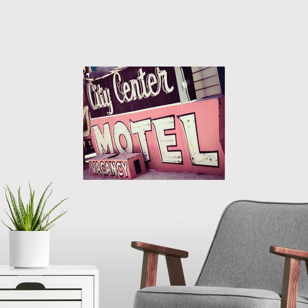 A modern room featuring Photograph of a pink and maroon vintage City Center Motel sign from a unique angle.