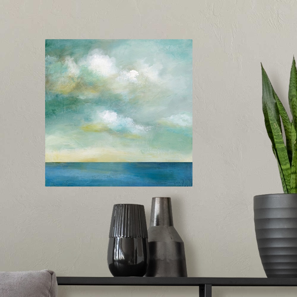 A modern room featuring In this contemporary painting, brisk brush strokes compose white fluffy clouds that drift above a...