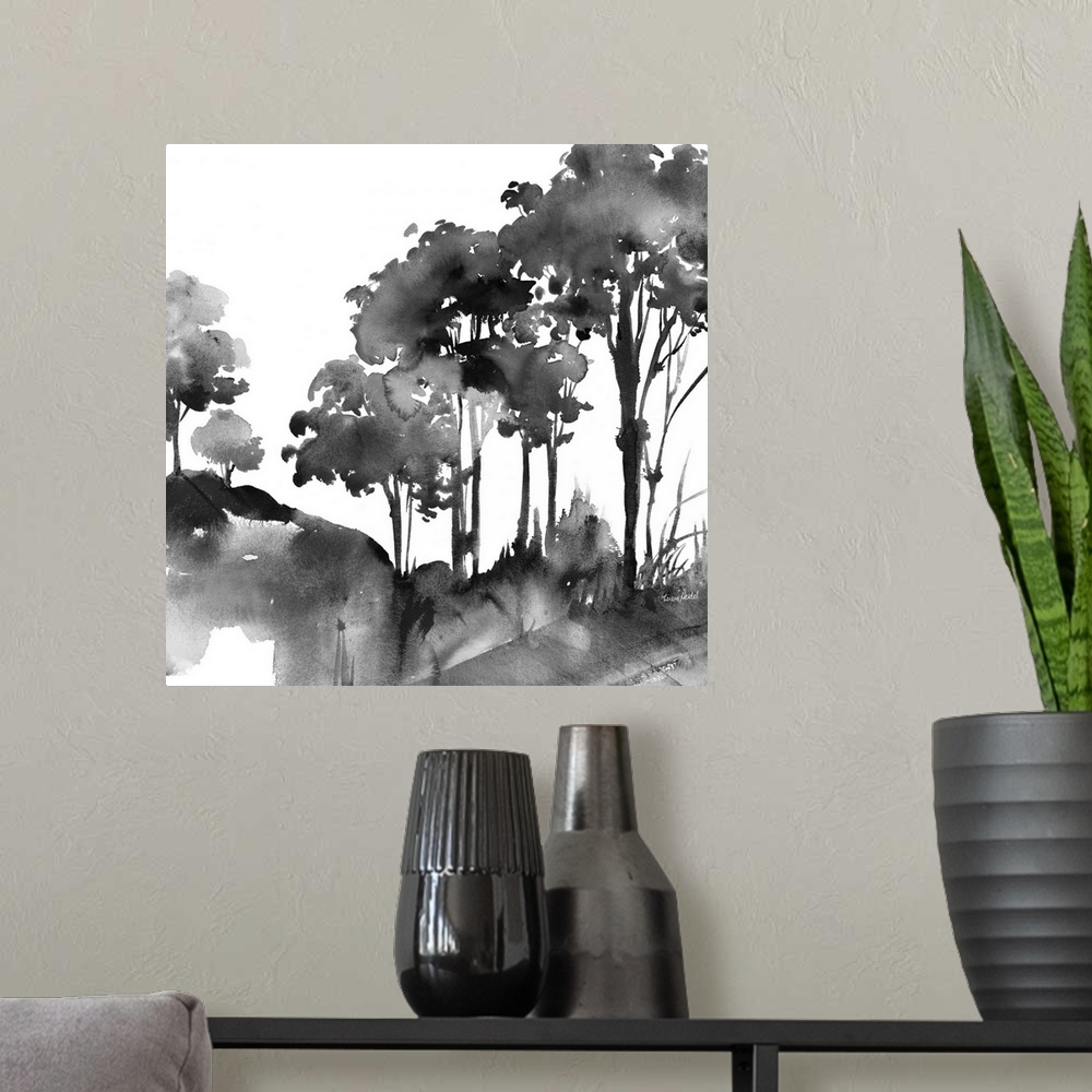 A modern room featuring Square watercolor painting of an abstract landscape in black and white.