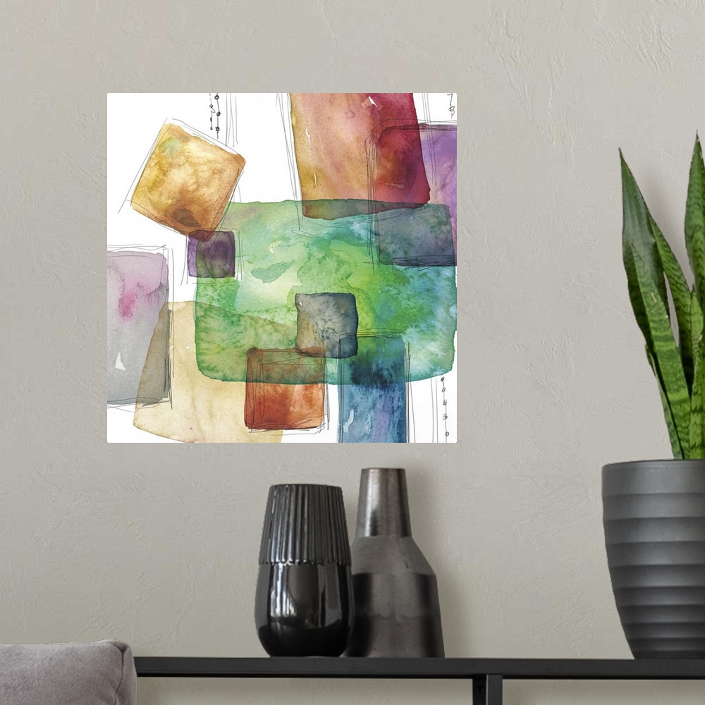 A modern room featuring Square abstract art with colorful watercolor squares and rectangles with thin black outlining lin...