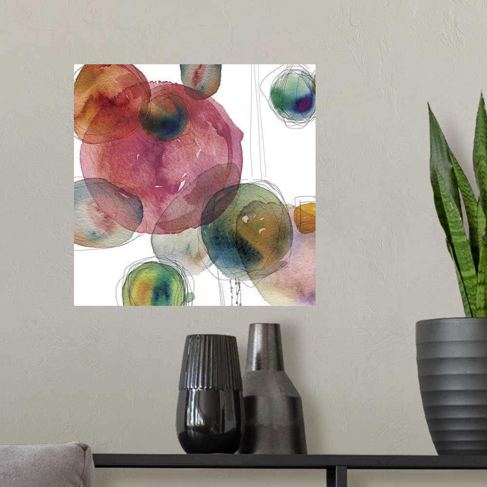 A modern room featuring Square abstract art with colorful watercolor circles and thin black outlining lines on a white ba...