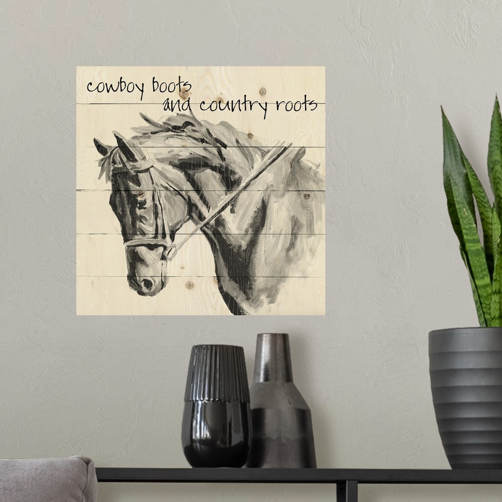 A modern room featuring 'Cowboy Boots and Country Roots' written on a faux wood background with an illustration of a horse.