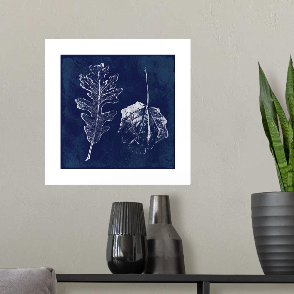 A modern room featuring Square cyanotype of white silhouetted leaves on an indigo background with a white boarder.