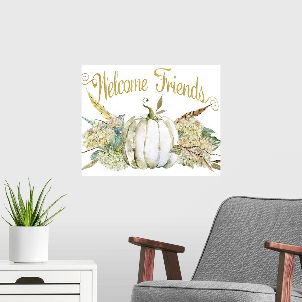 A modern room featuring Seasonal decor with painted hydrangeas, feathers, and a white pumpkin with "Welcome Friends" writ...