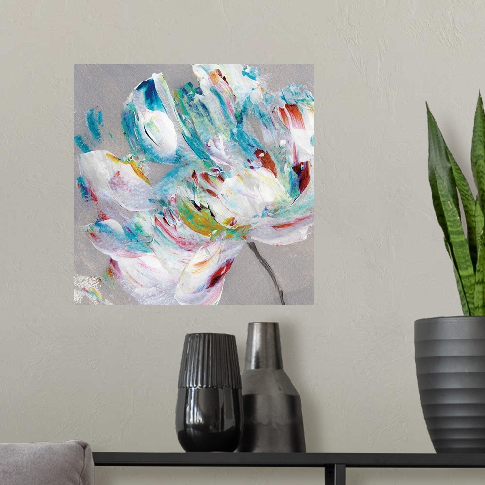 A modern room featuring Square abstract painting of a colorful flower on a grey background.