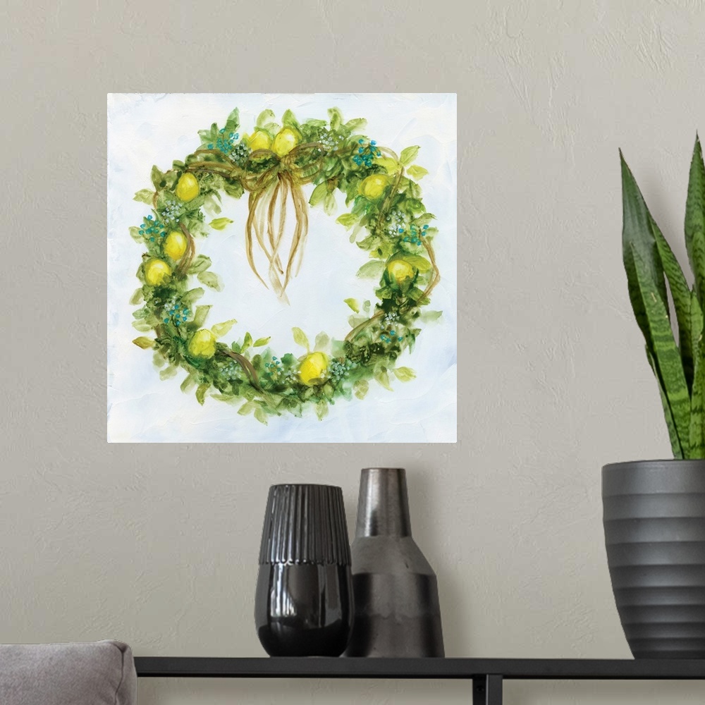 A modern room featuring Artwork of a leafy green wreath decorated with ribbons and lemons.
