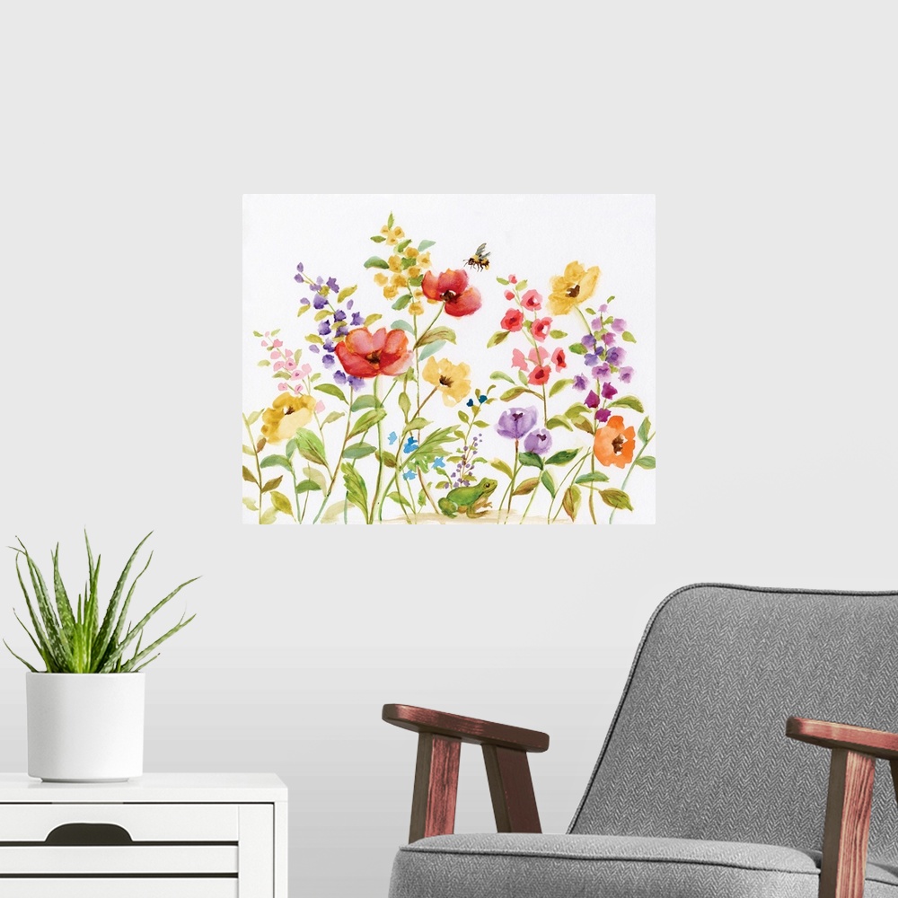 A modern room featuring A bed of watercolor flowers are accompanied by a frog and bumble bee.