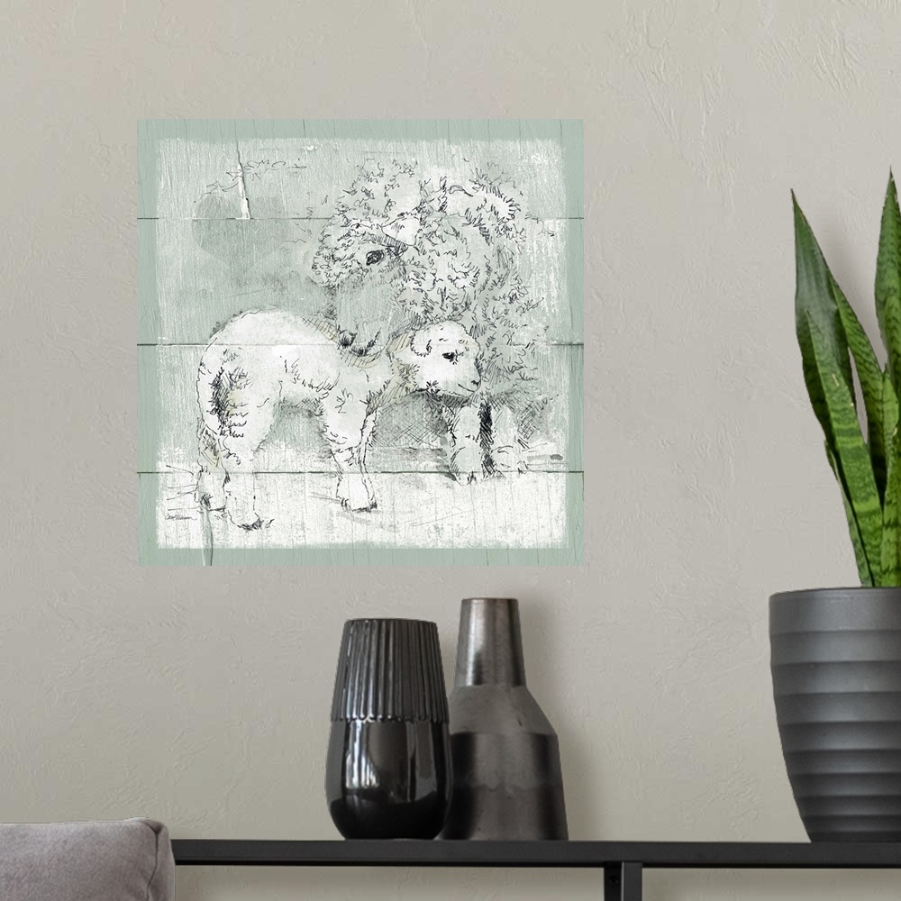 A modern room featuring Drawing of a sheep and her lamb on a green wooden background.
