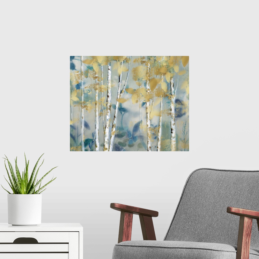 A modern room featuring Abstract painting of a forest filled with gold and blue toned leaves.