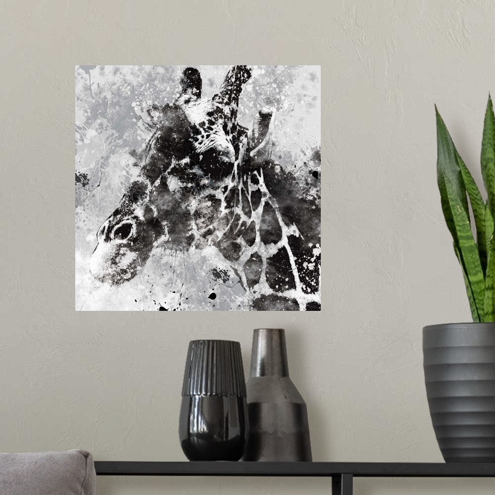 A modern room featuring Contemporary artwork of a giraffe against a textured looking background with an overall grungy an...