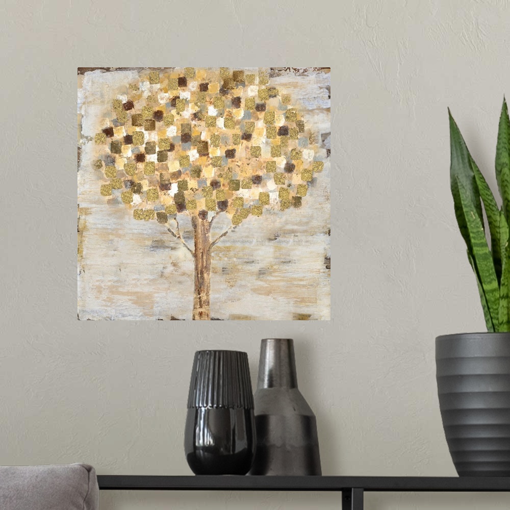 A modern room featuring Contemporary painting of a stylized tree with gold and white leaves on a weathered background.