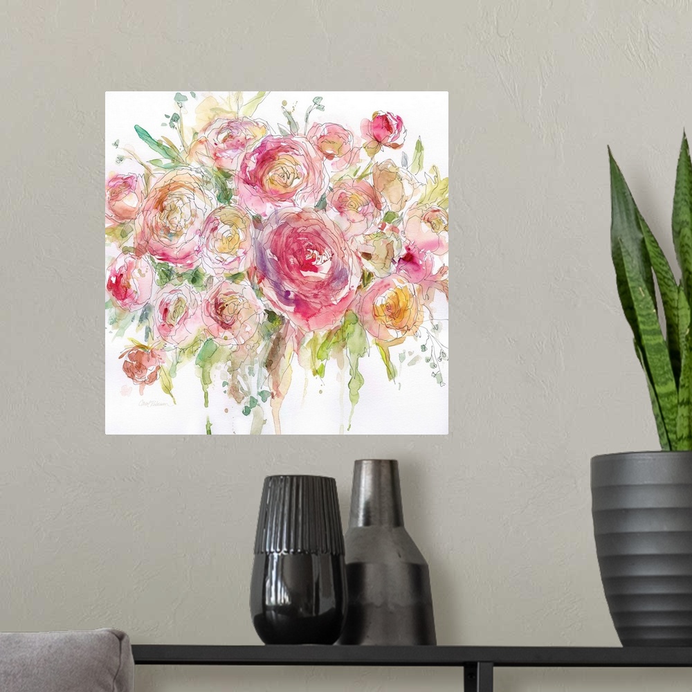 A modern room featuring Square watercolor painting of an arranged bouquet of roses.