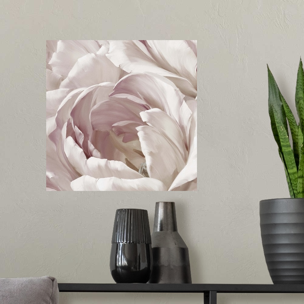 A modern room featuring Contemporary square painting of a pink and white flower close-up.