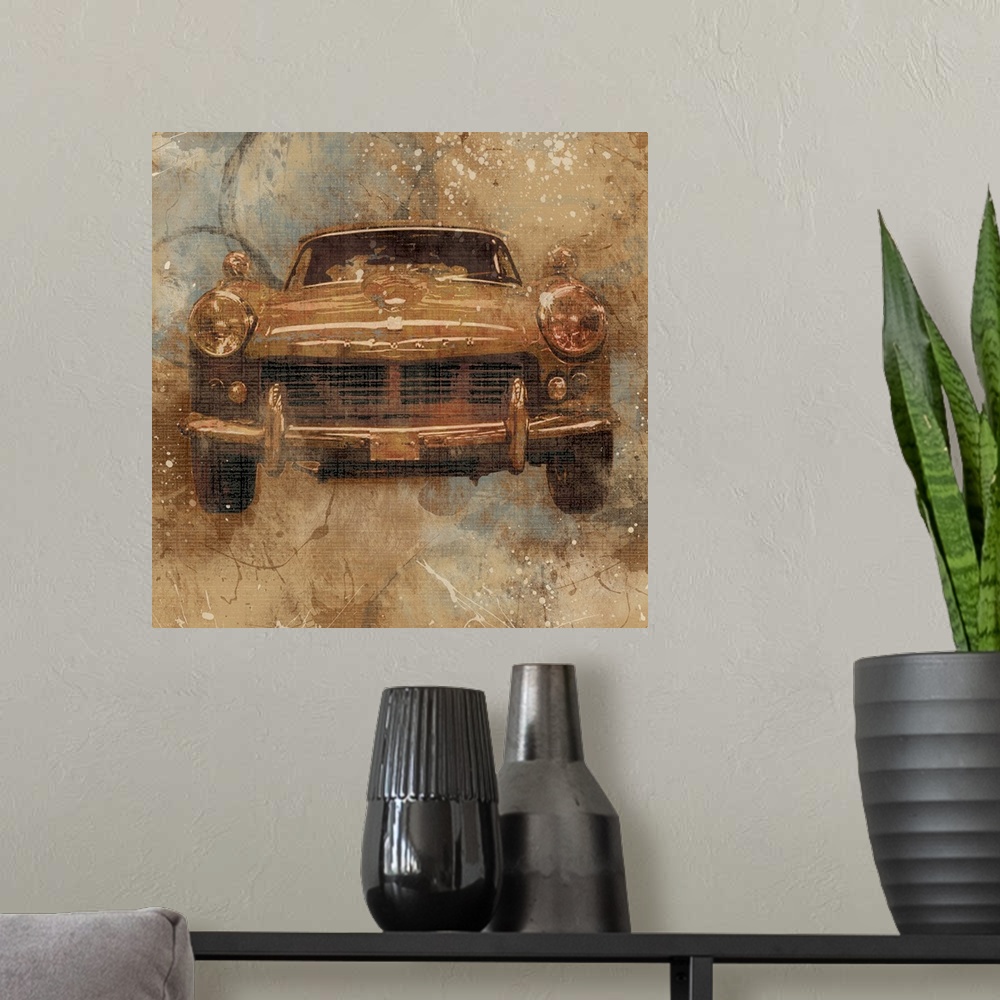 A modern room featuring Contemporary artwork of a sports car with an overall grungy and distressed look to it.
