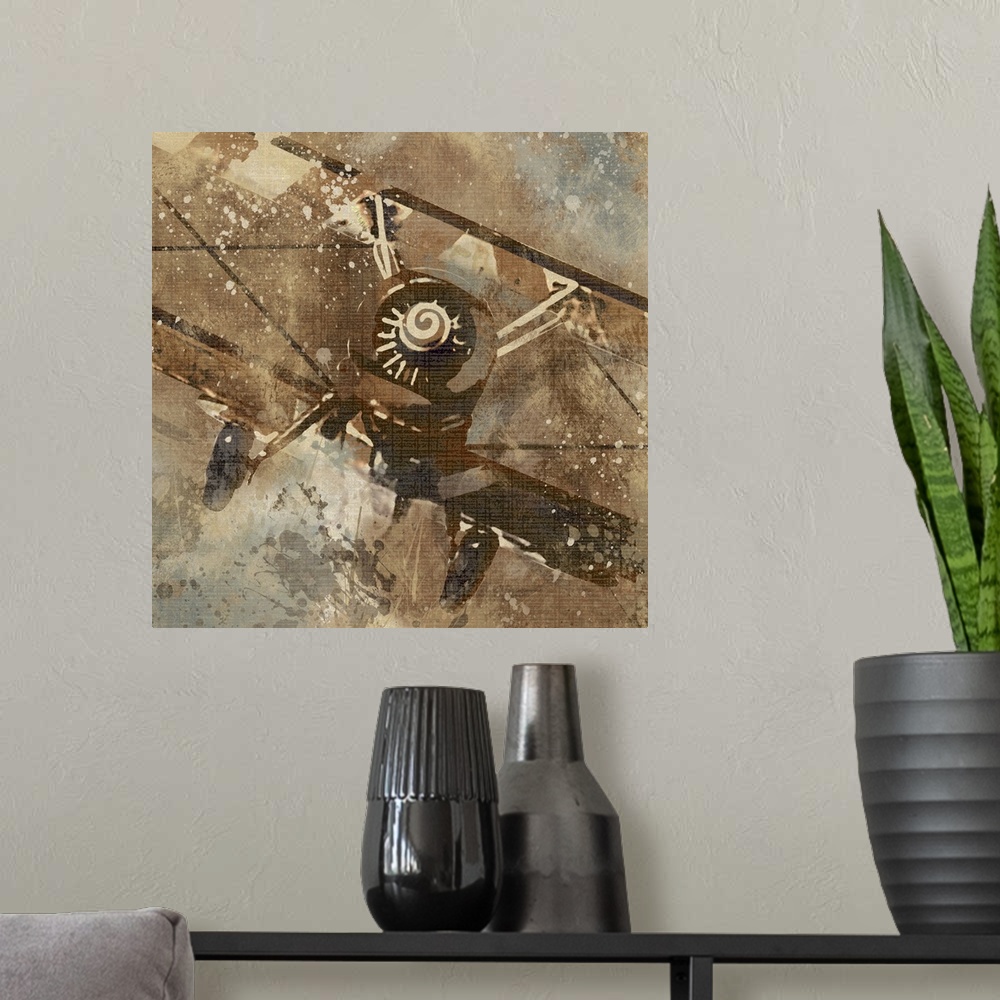 A modern room featuring Contemporary artwork of an airplane with an overall grungy and distressed look to it.