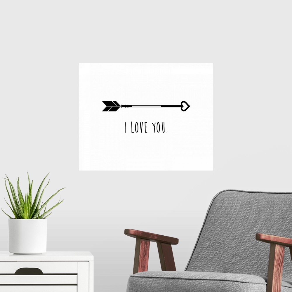 A modern room featuring An arrow with a heart tip and the phrase "I love you" underneath.