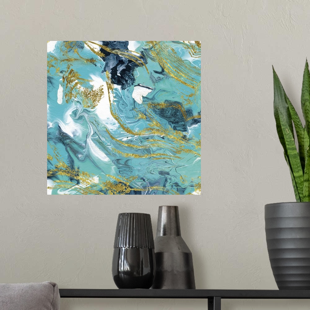 A modern room featuring Square marble painting in white, teal, and blue hues with metallic gold highlights.