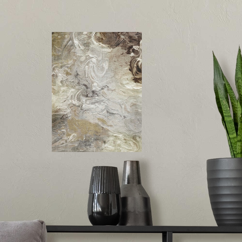 A modern room featuring Abstract painting of neutral colors marbled together.