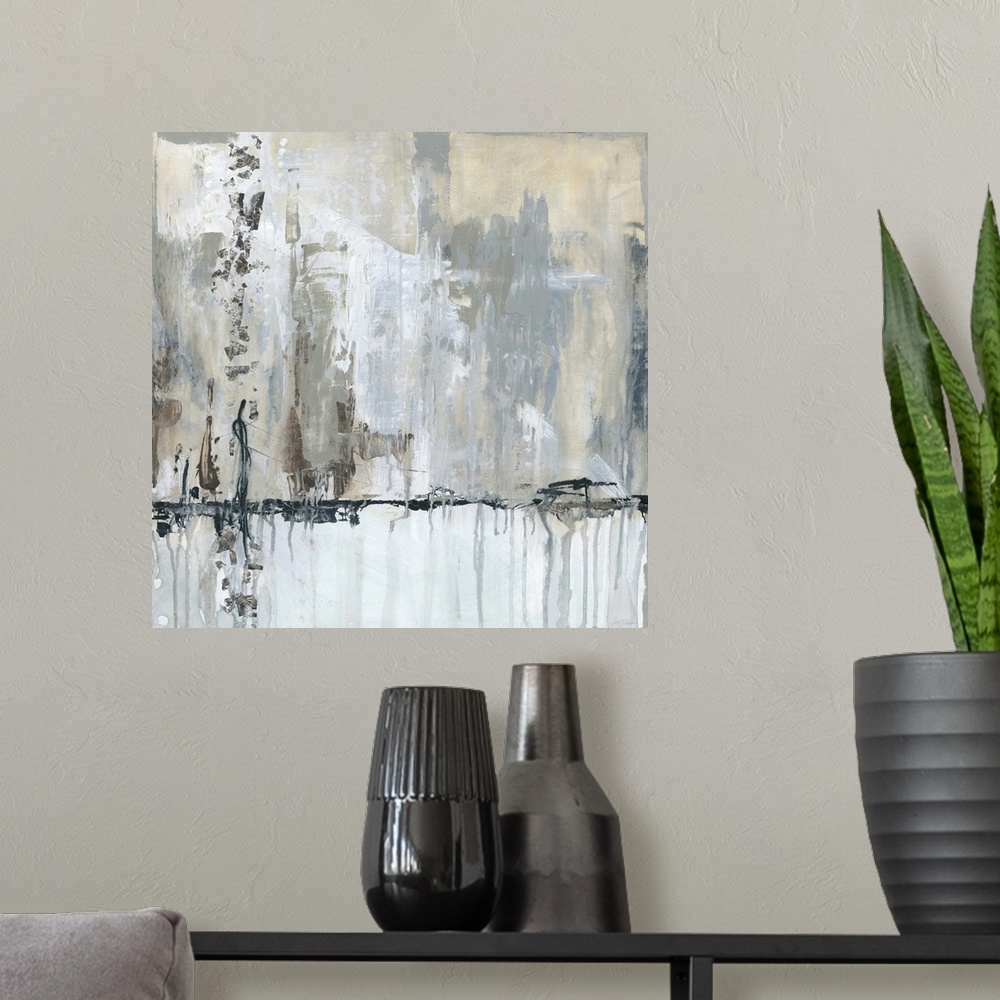A modern room featuring Contemporary abstract artwork in grey and black, with a grungy, weathered feel.
