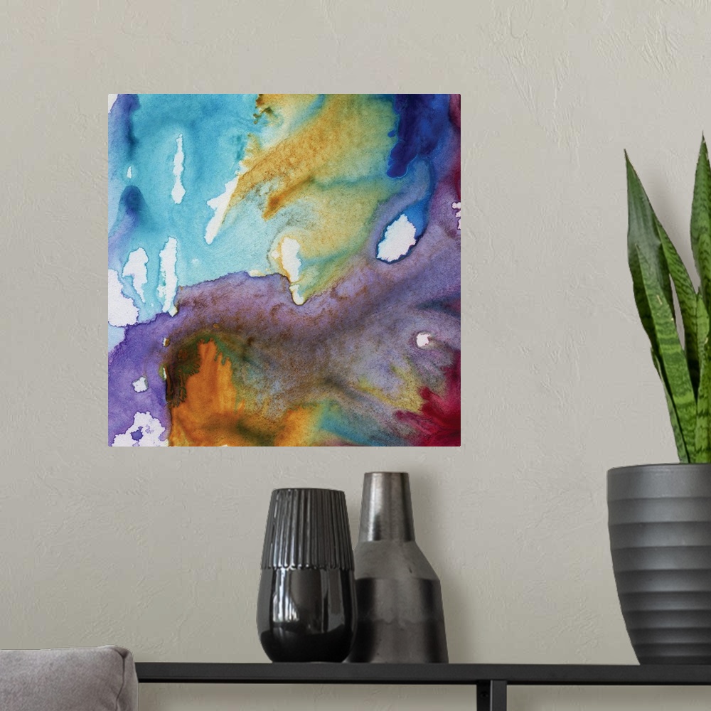 A modern room featuring Abstract watercolor painting of blending shades of blue and purple.