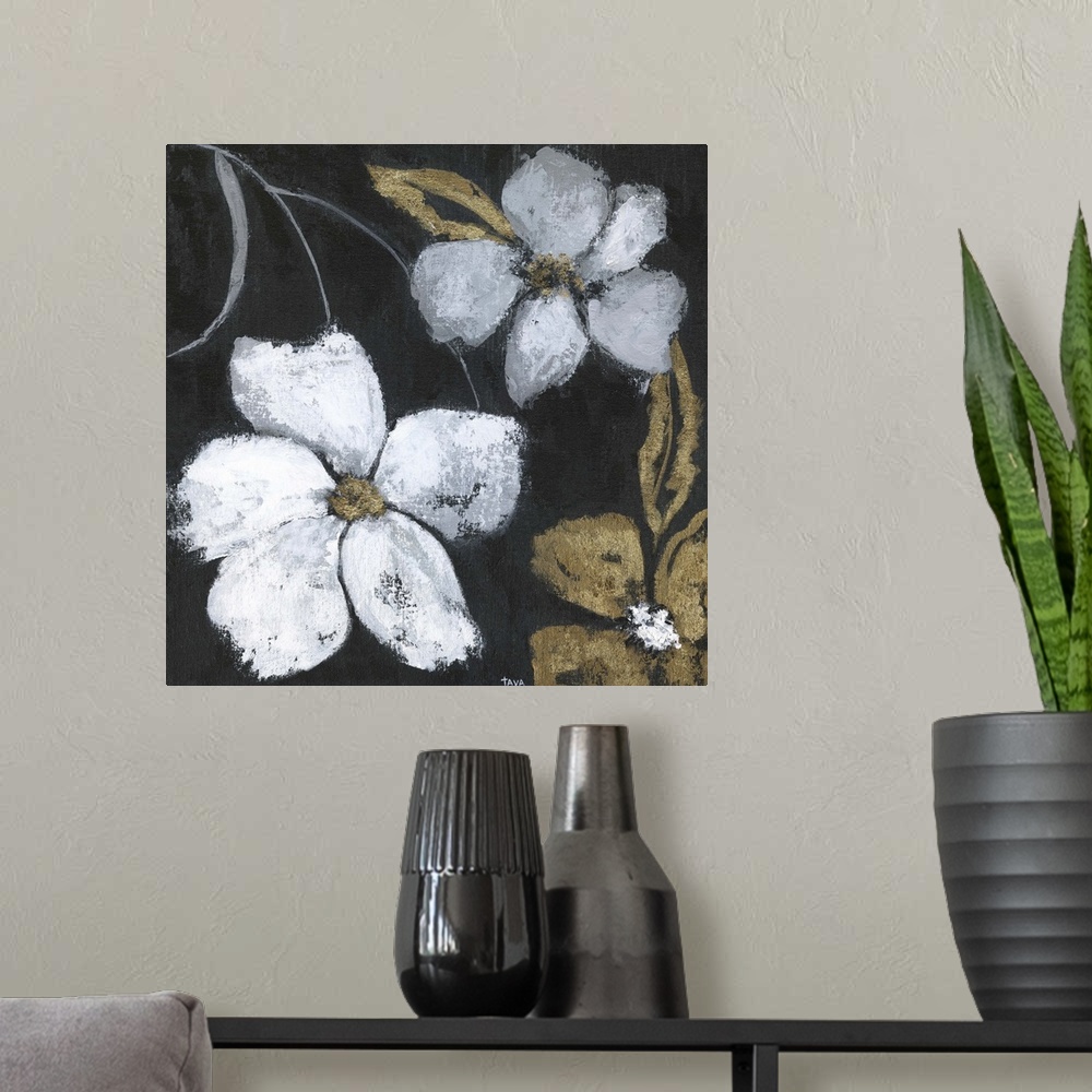 A modern room featuring Flowers of a gold metallic color and white stand out against a black backdrop in this painting.