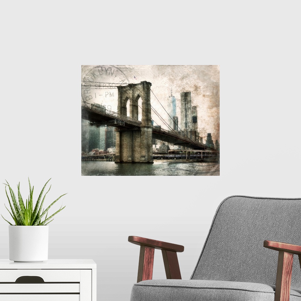 A modern room featuring NY Brooklyn Bridge