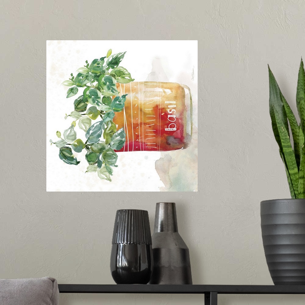 A modern room featuring Square watercolor painting of a potted basil plant.