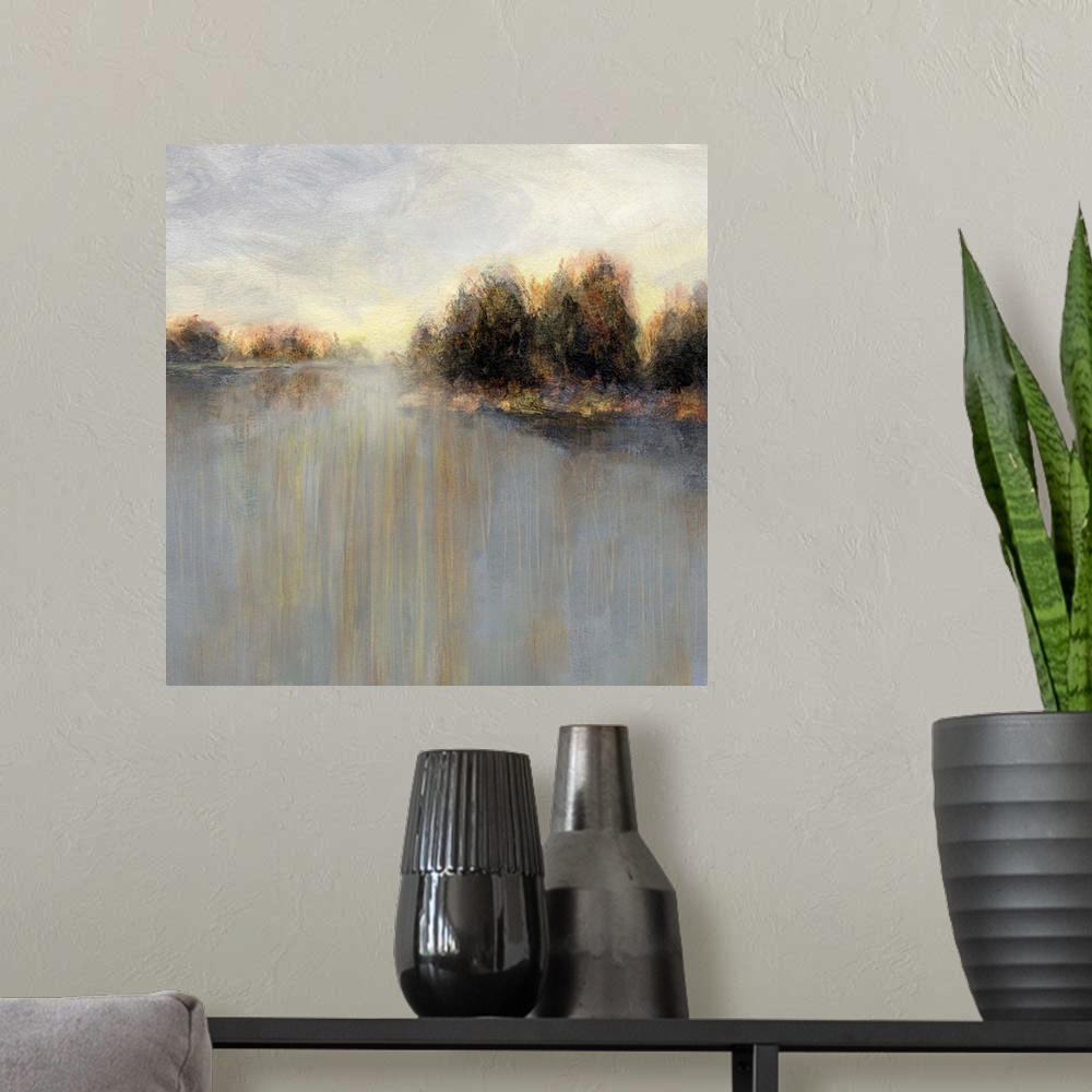 A modern room featuring Square abstract landscape of a rainy sunset over a lake lined with trees.